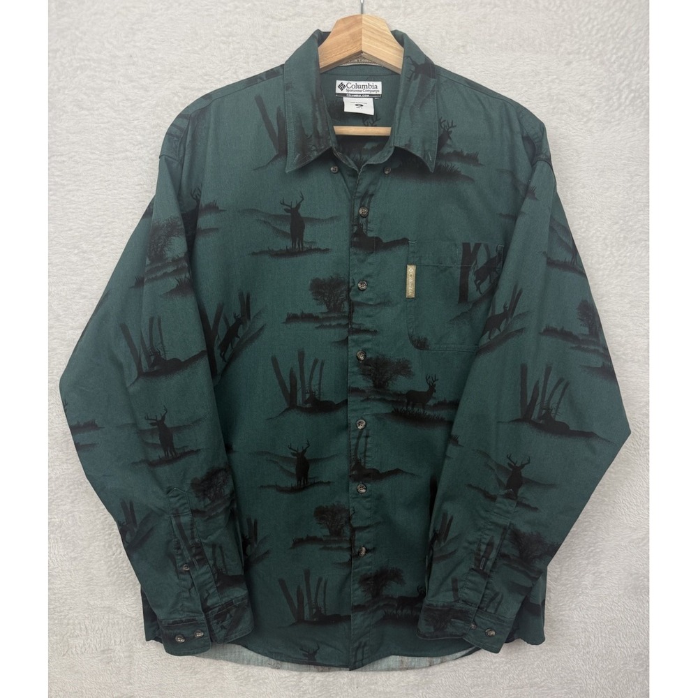 Vtg Columbia River Lodge Button Down Shirt Deer Hunting All Over Print Flannel M